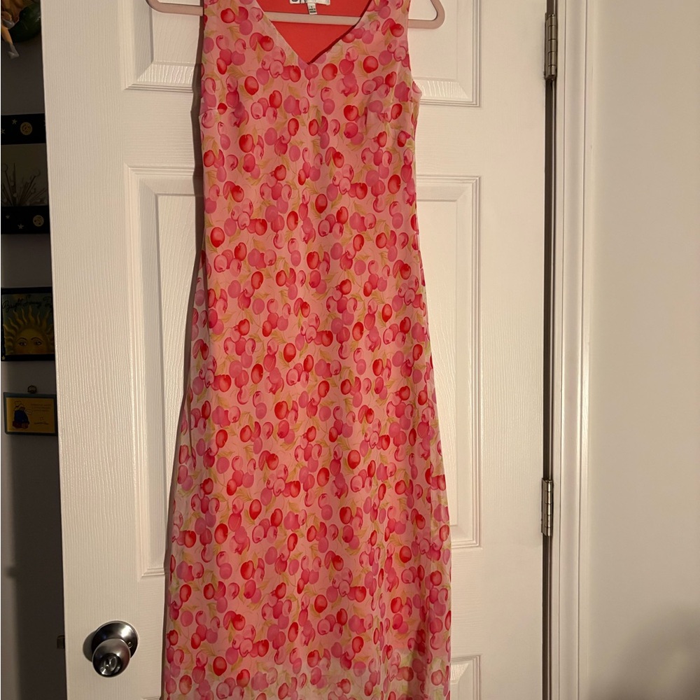 dressbarn Pink and Red Cherry Patterned Maxi Dress